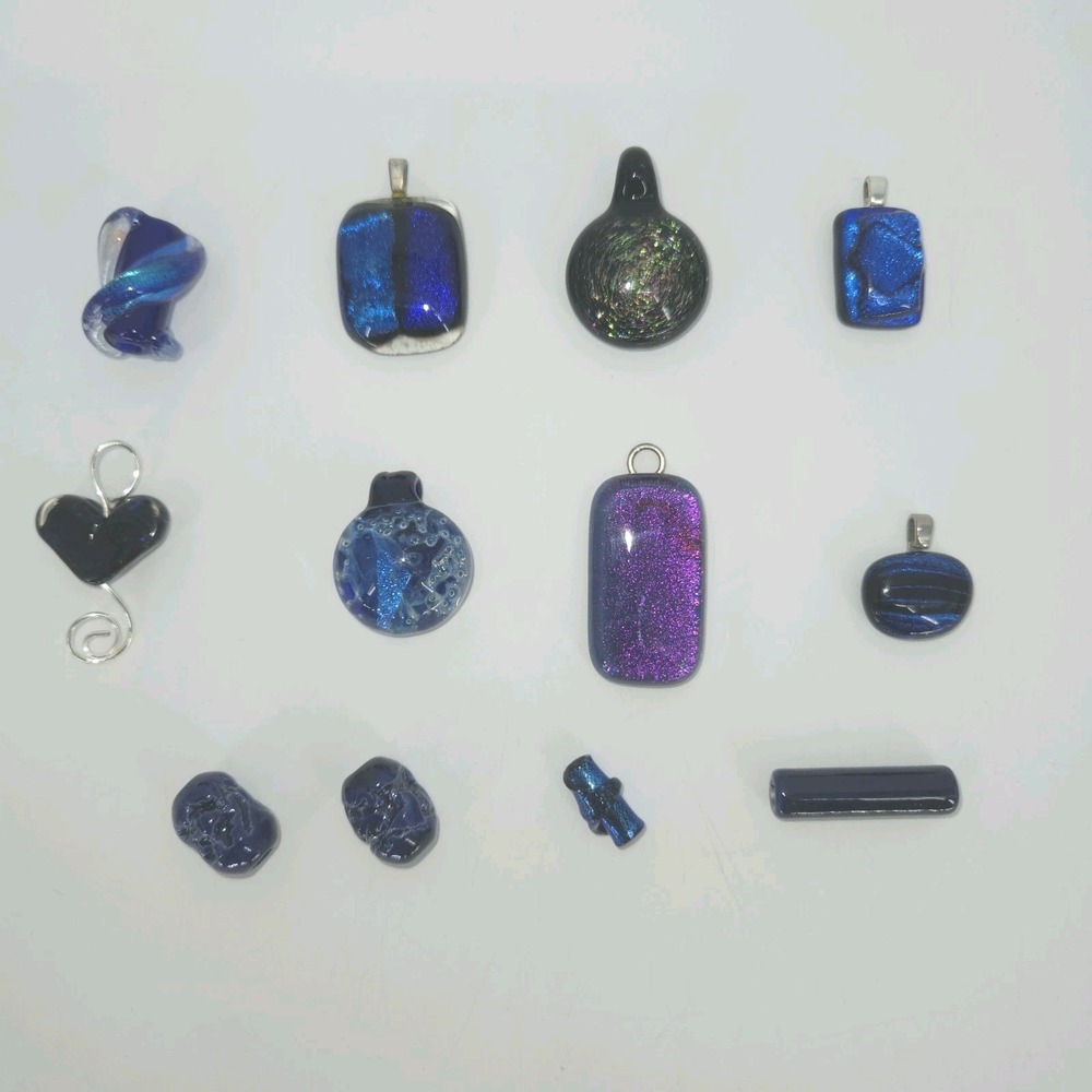 Blue Purple Dichroic Fused Glass Pendant Bead Lot 12 Pc Artisan Jewelry Craft